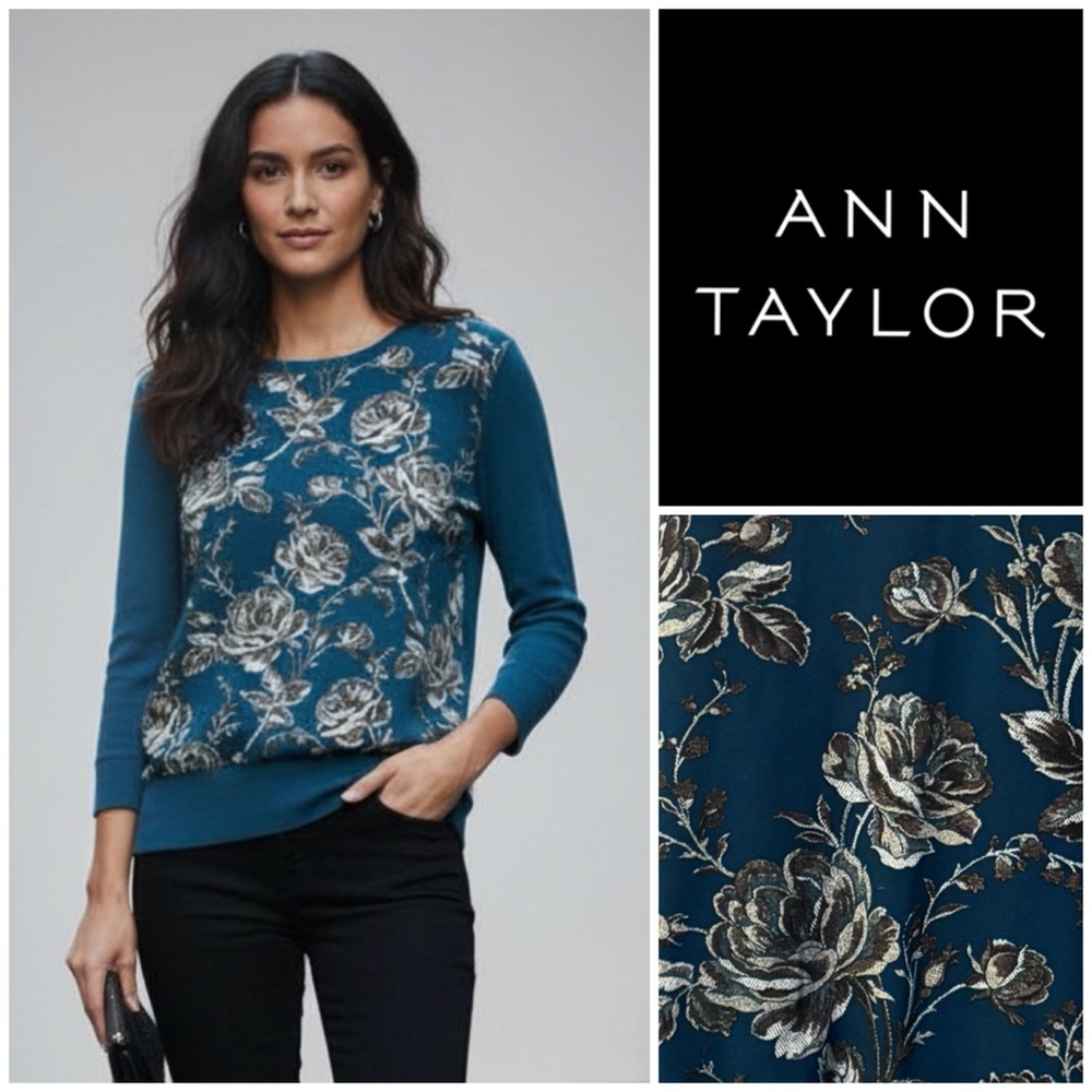 Ann Taylor Teal Floral Mixed Media and Knit Top